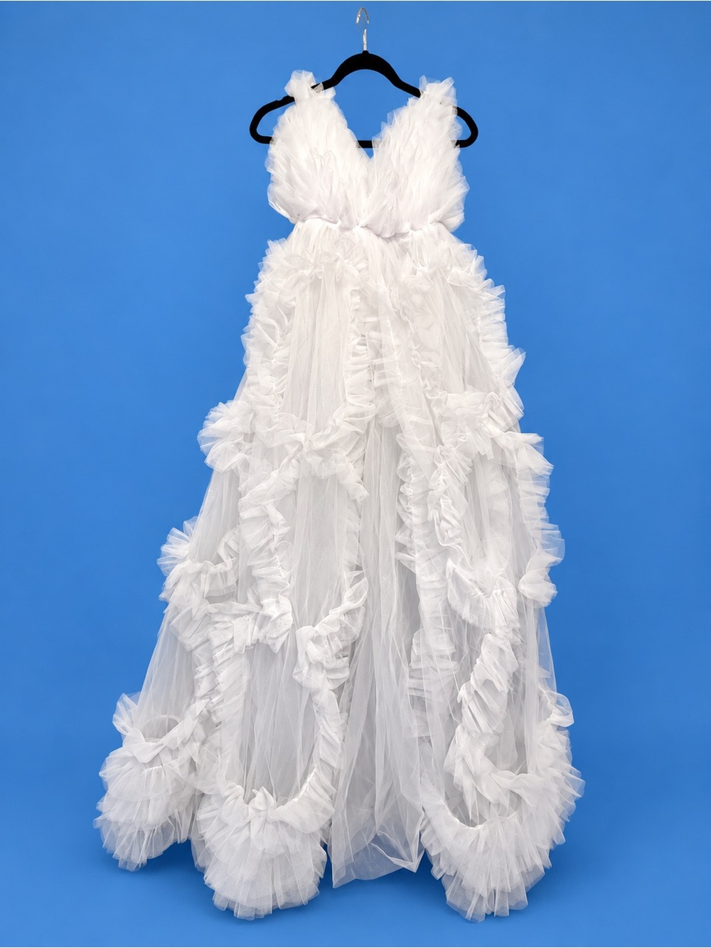 Maternity/bride photo shoot White Ruffle Tulle Maxi Dress with V-Neck